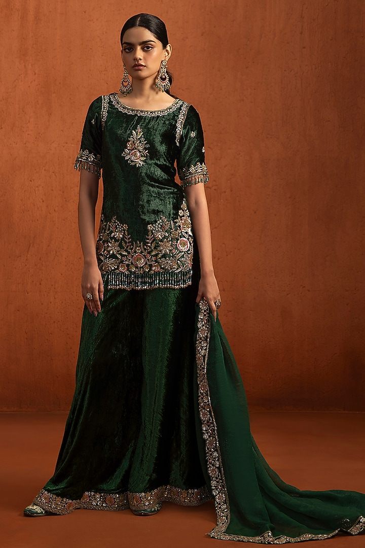 Green Velvet Party Wear Sharara Set by Lashkaraa at Pernia's Pop Up Shop