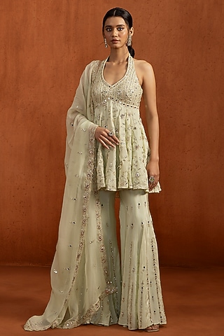 Light Green Crepe Sequins Embroidered Gharara Set by Lashkaraa