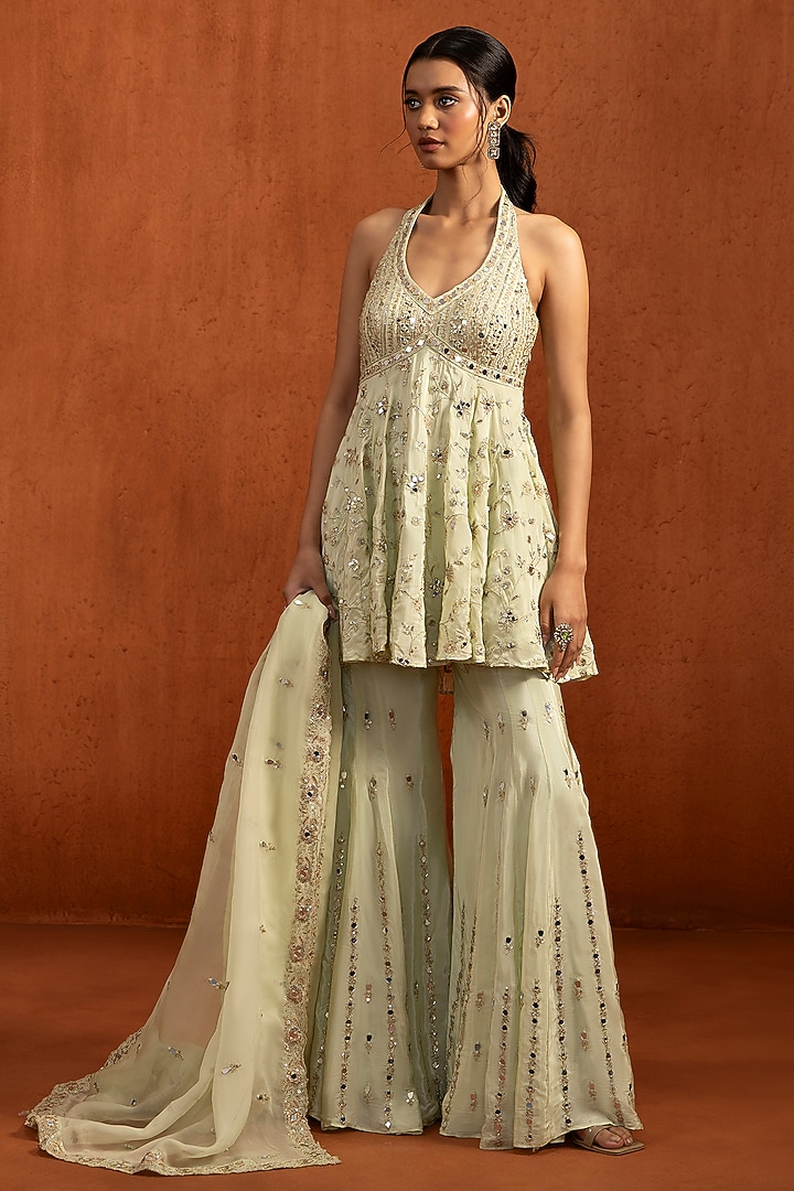 Light Green Crepe Sequins Embroidered Gharara Set by Lashkaraa at Pernia's Pop Up Shop