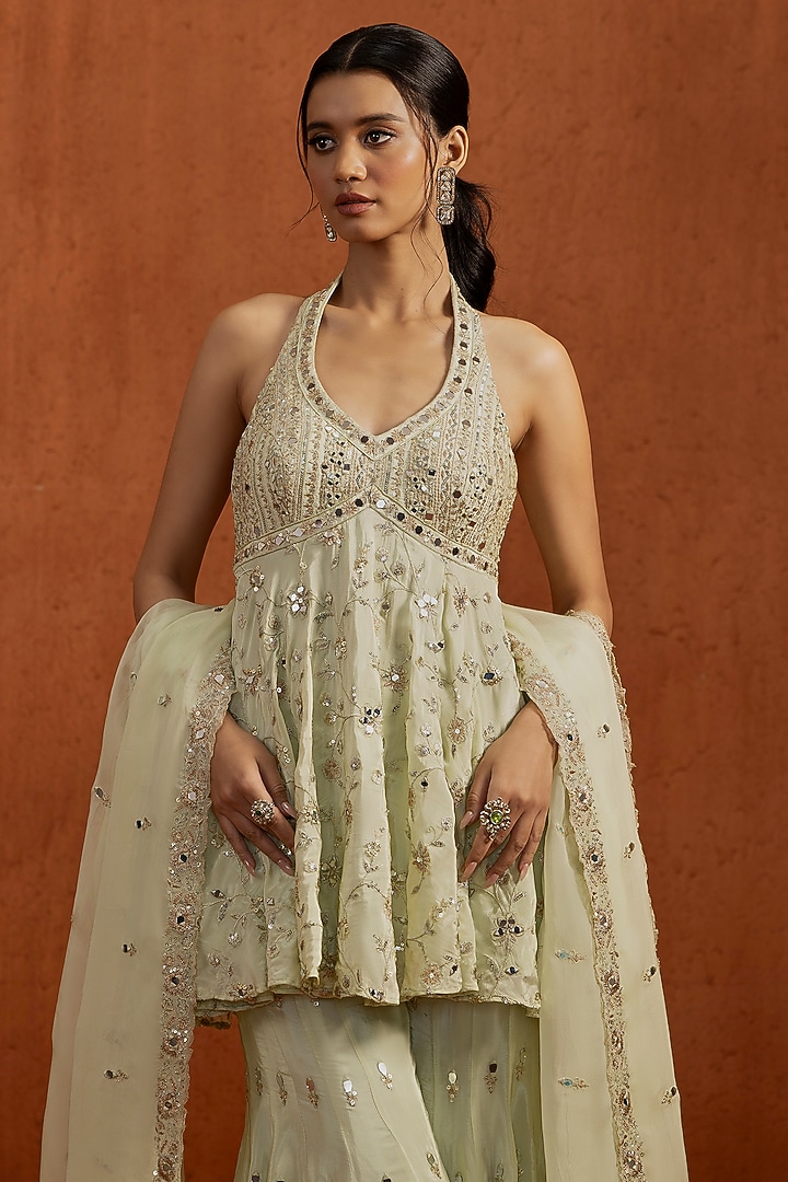 Light Green Crepe Sequins Embroidered Gharara Set by Lashkaraa at Pernia's Pop Up Shop