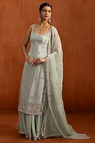 Mint Green Viscose Crepe Embroidered Sharara Set by Lashkaraa
