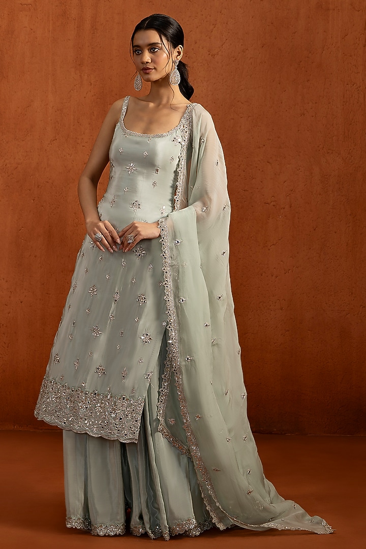 Mint Green Viscose Crepe Embroidered Party Wear Sharara Set by Lashkaraa at Pernia's Pop Up Shop