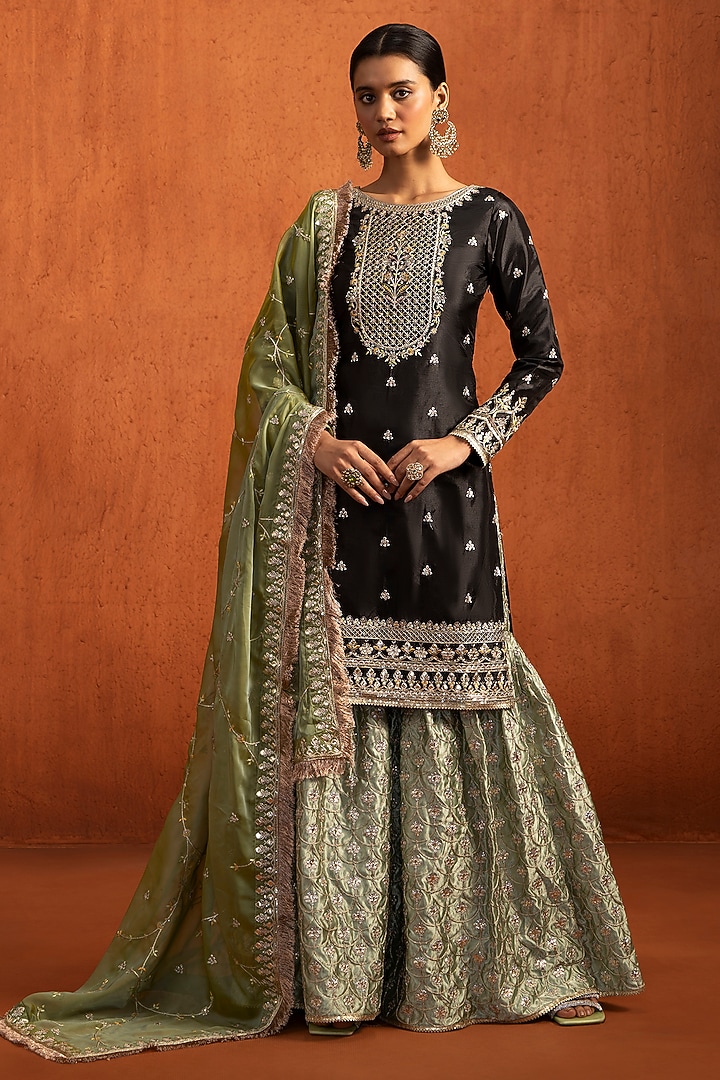 Black Silk Zari Embroidered Party Wear Sharara Set by Lashkaraa at Pernia's Pop Up Shop