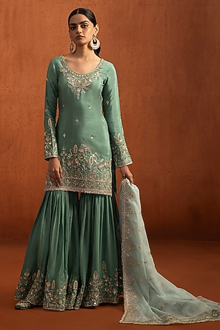 Sea Green Viscose Silk Sequins Embroidered Gharara Set by Lashkaraa