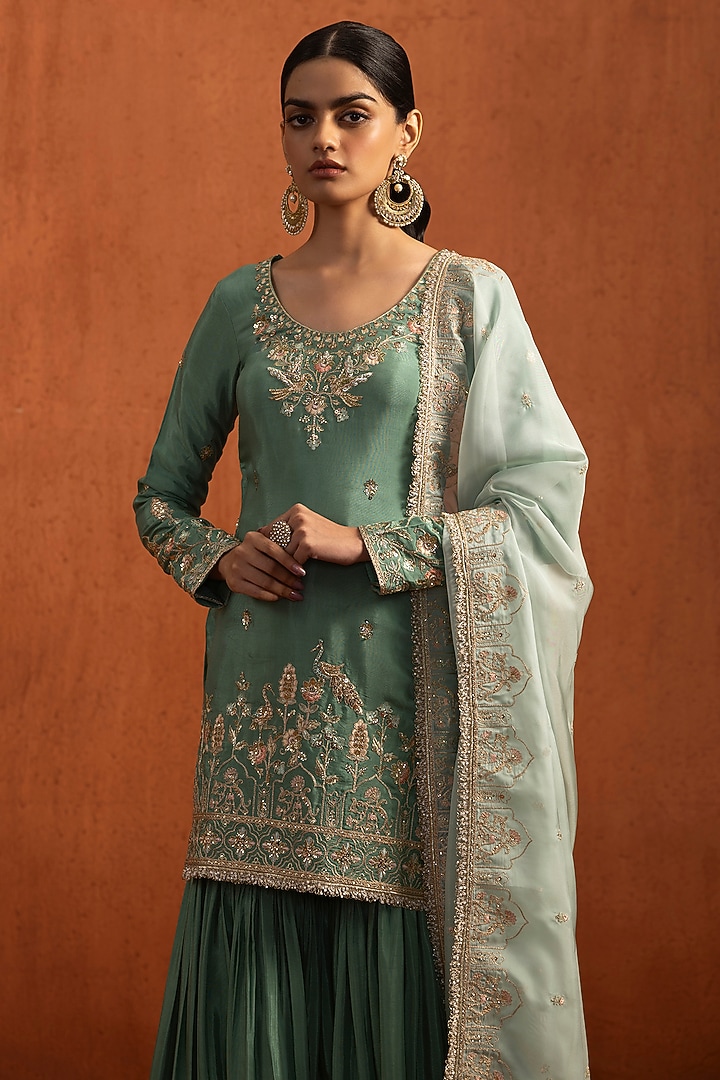 Sea Green Viscose Silk Sequins Embroidered Gharara Set by Lashkaraa at Pernia's Pop Up Shop