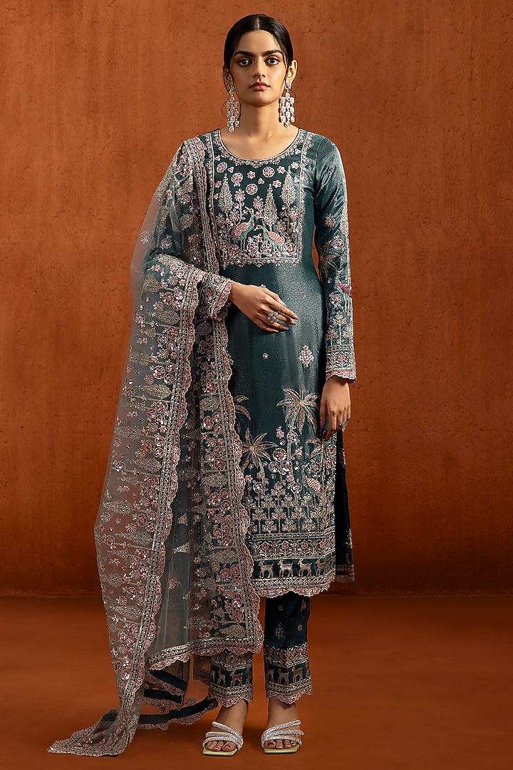 Teal Blue Viscose Tissue Sequins Embellished Kurta Set by Lashkaraa at Pernia's Pop Up Shop