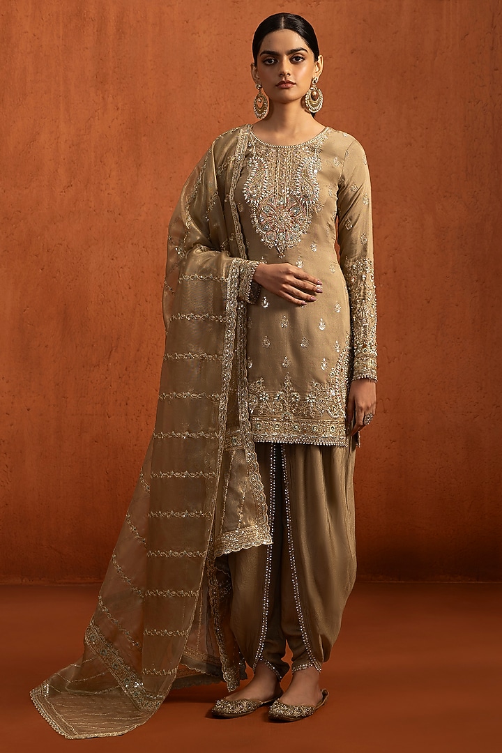 Light Golden Brown Tissue Mirror Embroidered Kurta Set by Lashkaraa at Pernia's Pop Up Shop