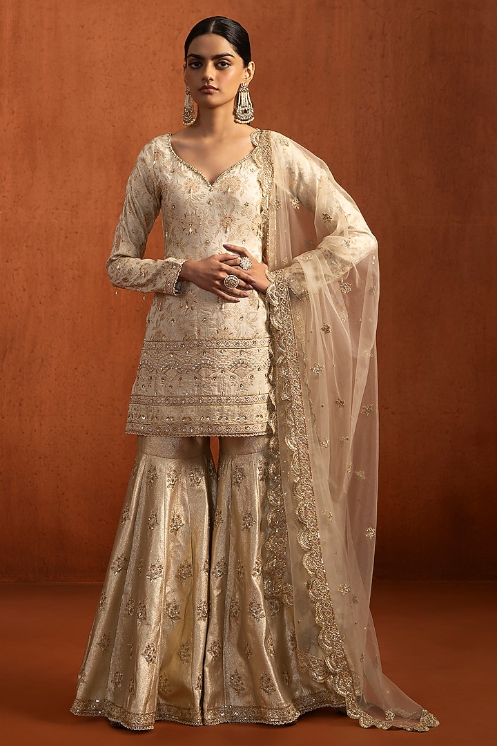Off-White Viscose Silk Sequins Embroidered Gharara Set by Lashkaraa at Pernia's Pop Up Shop