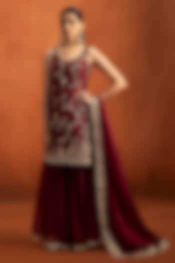 Red Silk Sequins Embroidered Gharara Set by Lashkaraa at Pernia's Pop Up Shop