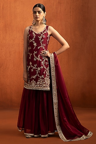 Red Silk Sequins Embroidered Gharara Set by Lashkaraa