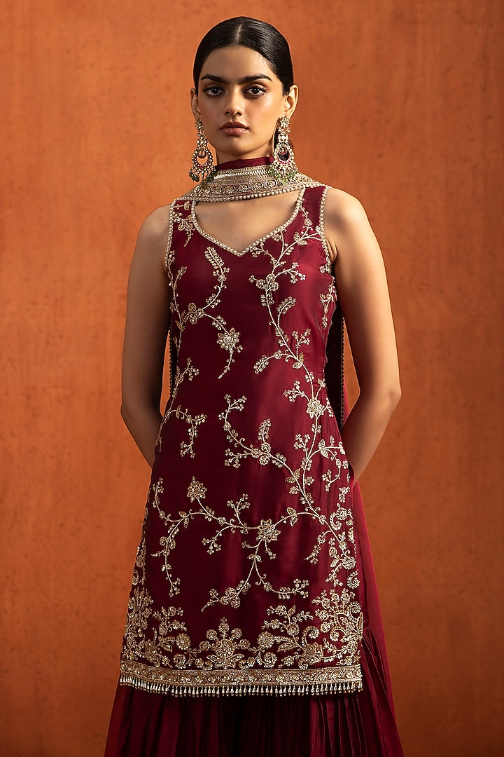 Red Silk Sequins Embroidered Gharara Set by Lashkaraa at Pernia's Pop Up Shop