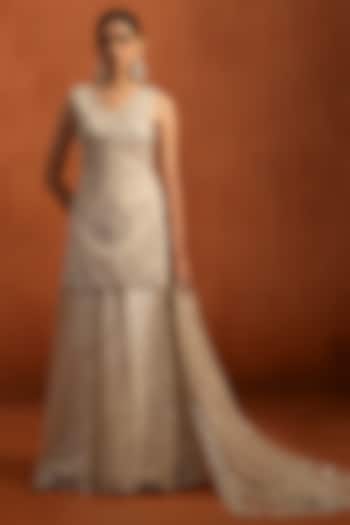 Ivory Net Sequins Embroidered Party Wear Sharara Set by Lashkaraa at Pernia's Pop Up Shop