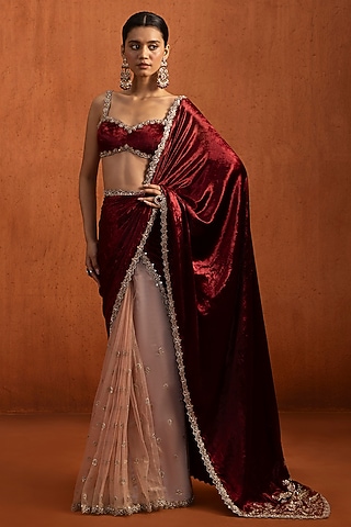 Red Viscose Velvet Sequins Embroidered Saree Set by Lashkaraa