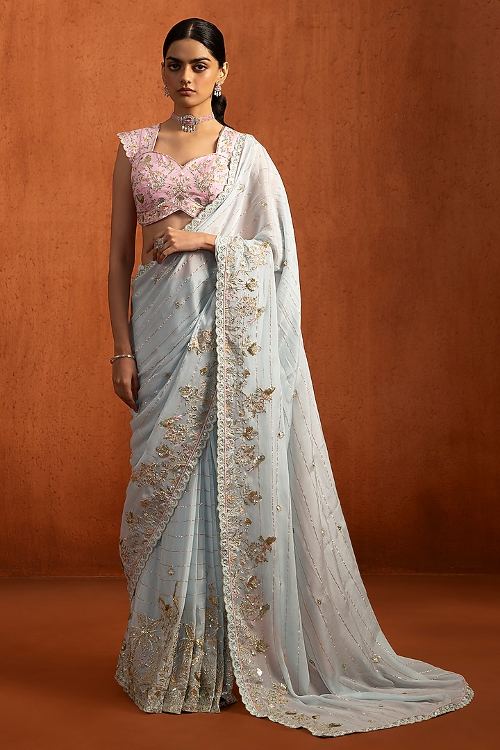 Light Blue Viscose Chiffon Sequins Embroidered Party Wear Saree Set by Lashkaraa at Pernia's Pop Up Shop