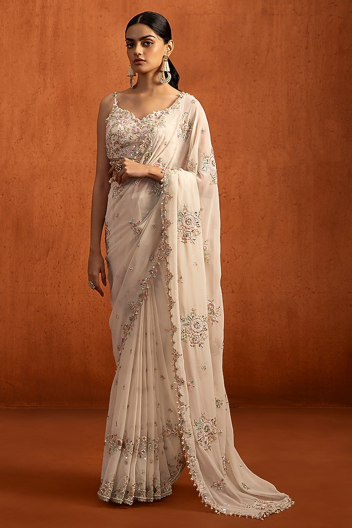 Off-White Georgette Sequins Embroidered Party Wear Saree Set by Lashkaraa at Pernia's Pop Up Shop