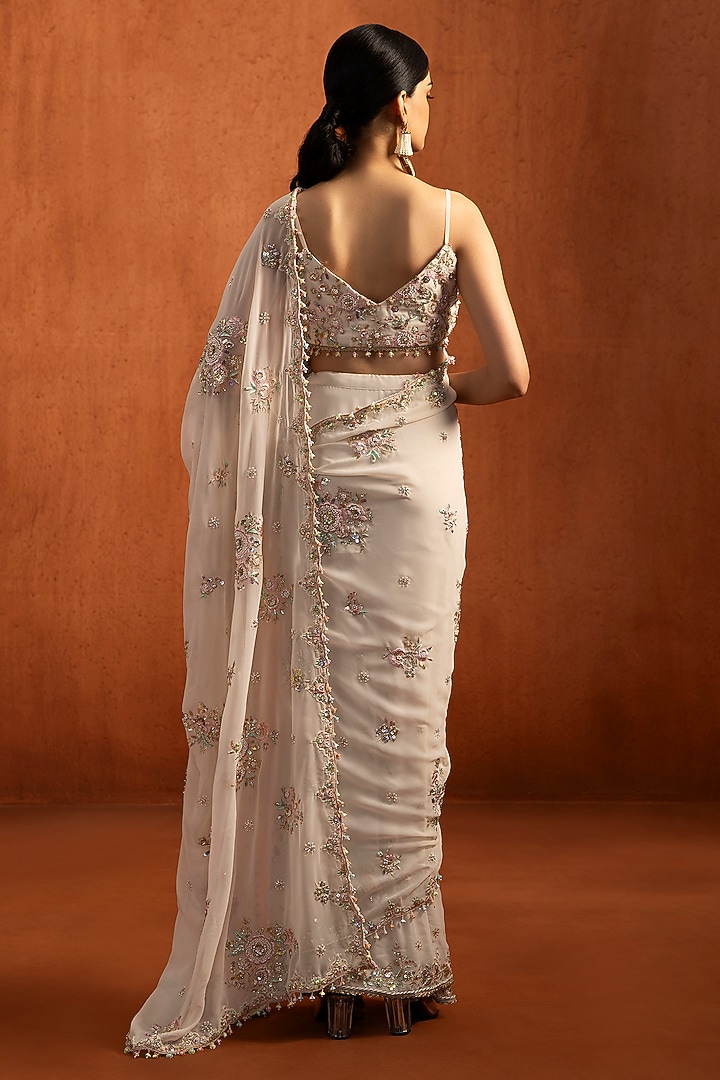 Off-White Georgette Sequins Embroidered Pre-Stitched Party Wear Saree Set by Lashkaraa at Pernia's Pop Up Shop