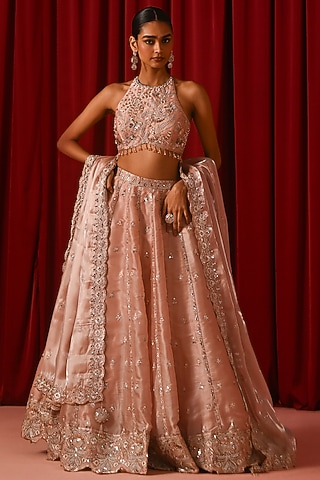 Blush Pink Silk Zari Hand Embellished Lehenga Set by Lashkaraa