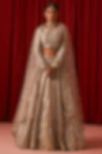 Champagne Gold Foil Tissue Zari Hand Embellished Wedding Lehenga Set by Lashkaraa at Pernia's Pop Up Shop