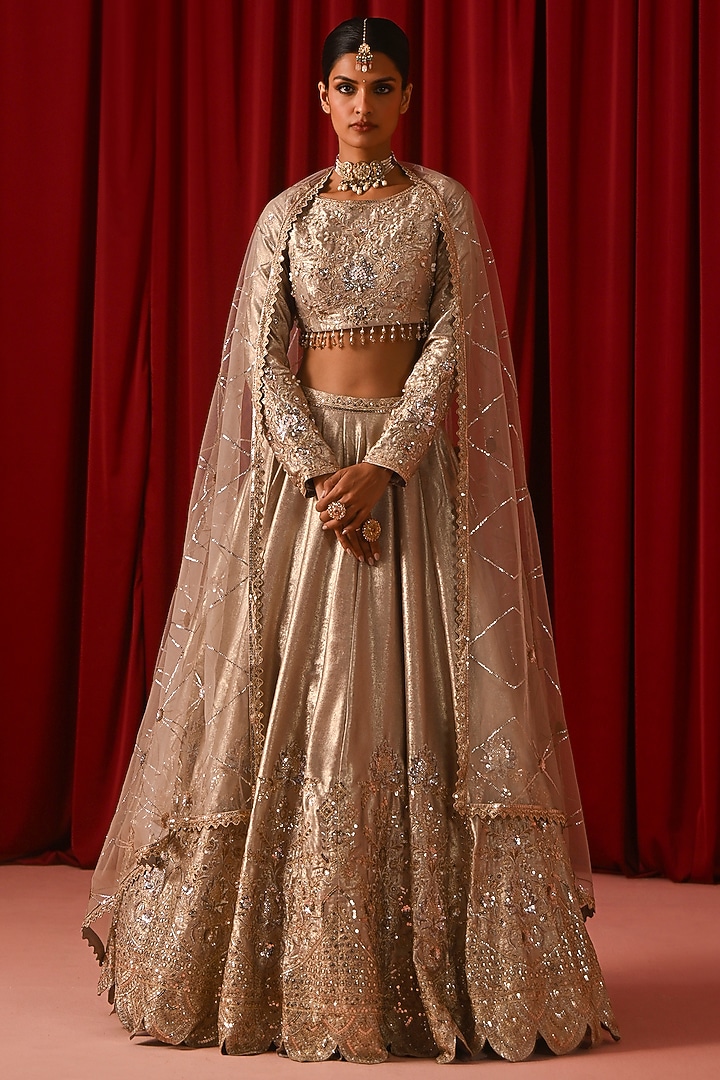 Champagne Gold Foil Tissue Zari Hand Embellished Wedding Lehenga Set by Lashkaraa at Pernia's Pop Up Shop