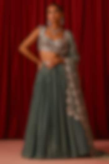 Teal Green Satin Zari Embroidered Lehenga Set by Lashkaraa at Pernia's Pop Up Shop