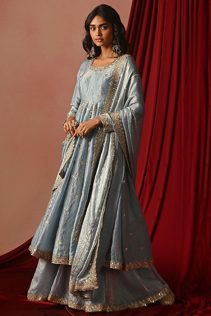 Sky Blue Tissue Zari Embroidered Party Wear Anarkali Set by Lashkaraa at Pernia's Pop Up Shop
