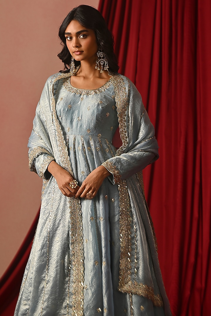 Sky Blue Tissue Zari Embroidered Party Wear Anarkali Set by Lashkaraa at Pernia's Pop Up Shop