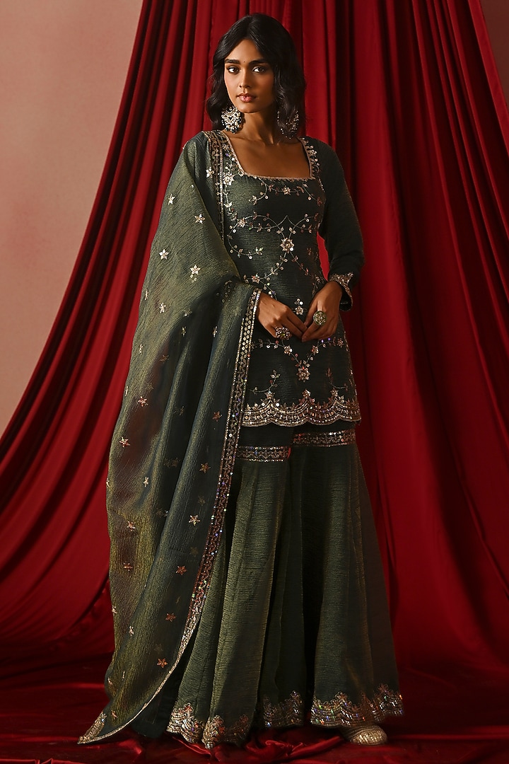 Green Tissue Gharara Set by Lashkaraa at Pernia's Pop Up Shop