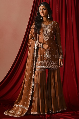 Brown Satin Gharara Set by Lashkaraa