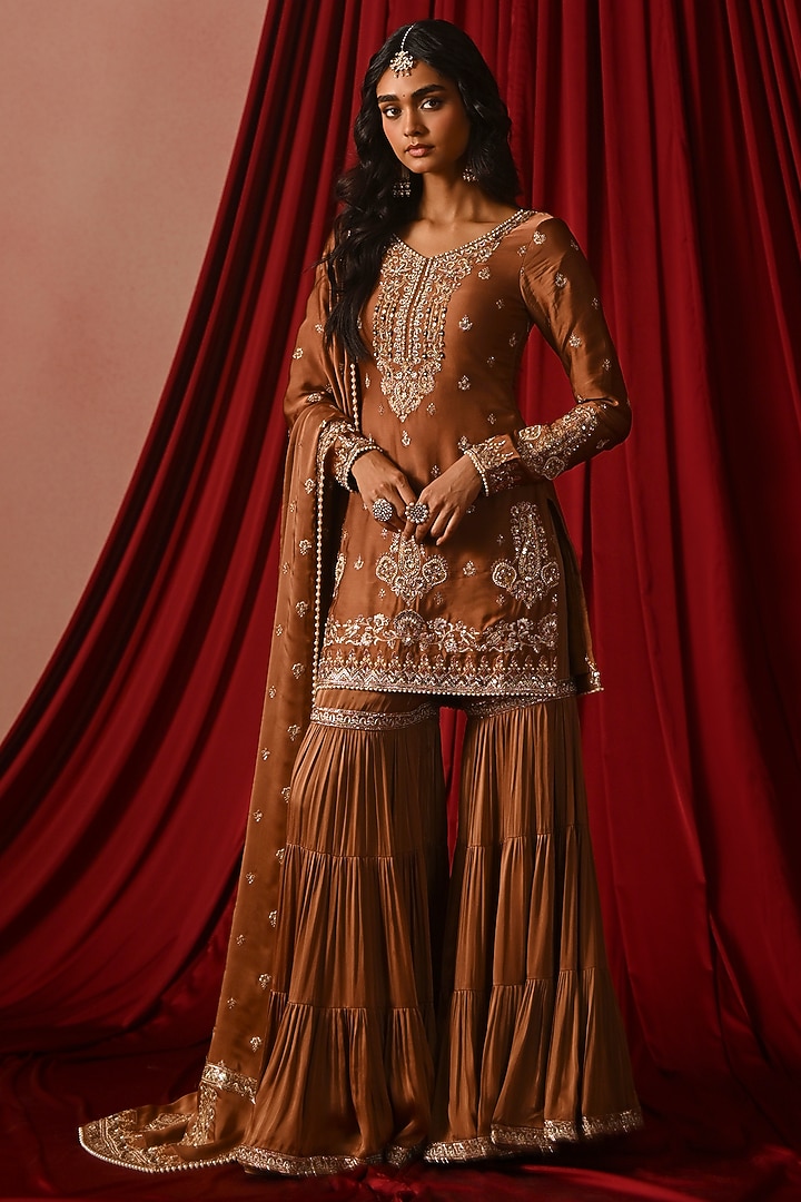 Brown Satin Gharara Set by Lashkaraa at Pernia's Pop Up Shop