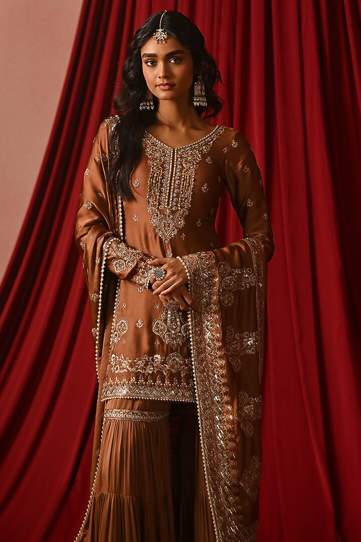 Brown Satin Gharara Set by Lashkaraa at Pernia's Pop Up Shop