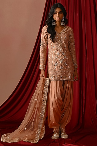 Dusty Peach Chiffon Zari Embroidered Kurta Set by Lashkaraa