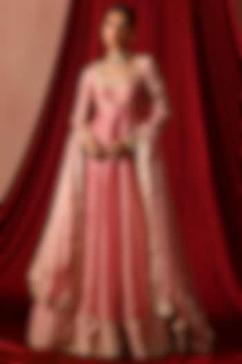 Rose Pink Satin Zari Embroidered Party Wear Anarkali Set by Lashkaraa at Pernia's Pop Up Shop