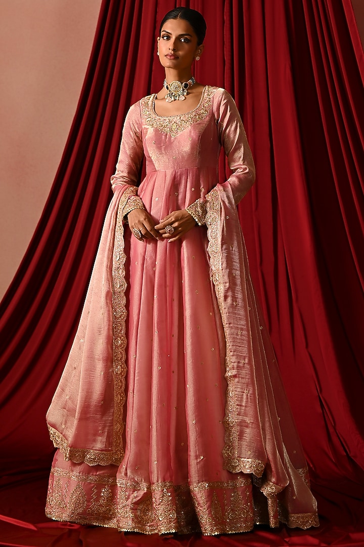 Rose Pink Satin Zari Embroidered Party Wear Anarkali Set by Lashkaraa at Pernia's Pop Up Shop