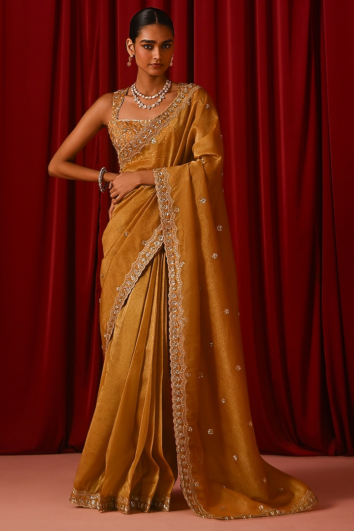Mustard Tissue Zari Embroidered Party Wear Saree Set by Lashkaraa at Pernia's Pop Up Shop