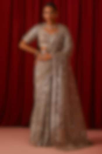 Silver Net Sequins Embroidered Party Wear Saree Set by Lashkaraa at Pernia's Pop Up Shop