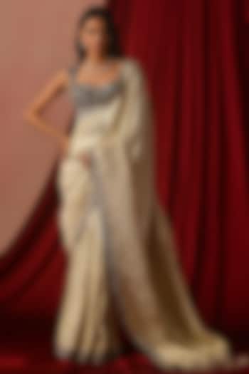 Golden Cream Brocade Party Wear Saree Set by Lashkaraa at Pernia's Pop Up Shop