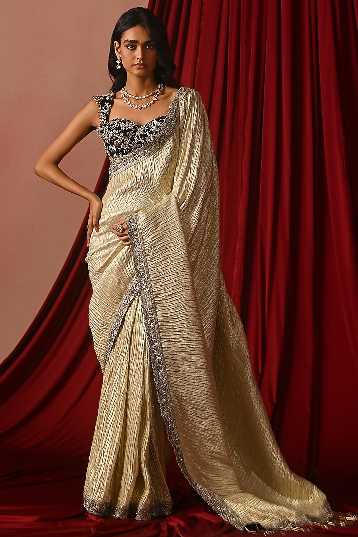 Golden Cream Brocade Party Wear Saree Set by Lashkaraa at Pernia's Pop Up Shop