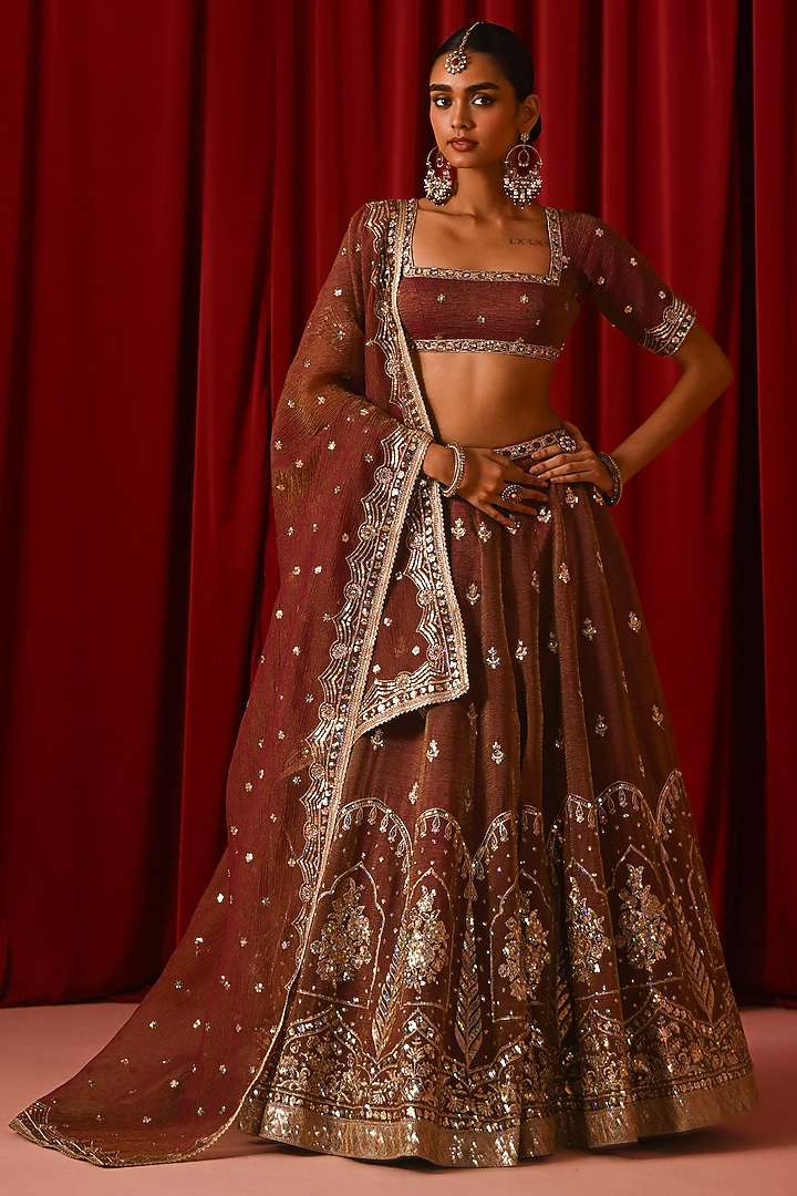 Brown Tissue Zari Embroidered Lehenga Set by Lashkaraa at Pernia's Pop Up Shop