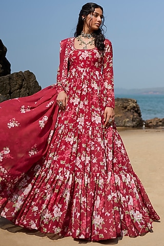 Red Georgette Floral Printed Anarkali Set by Lashkaraa