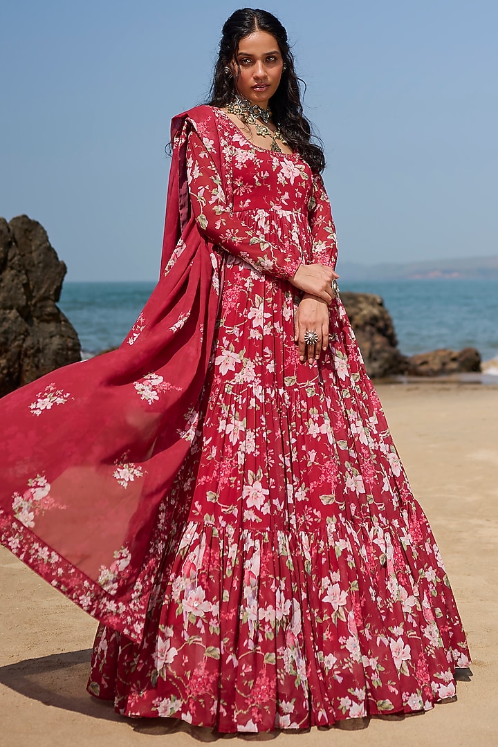 Red Georgette Floral Printed Party Wear Anarkali Set by Lashkaraa at Pernia's Pop Up Shop