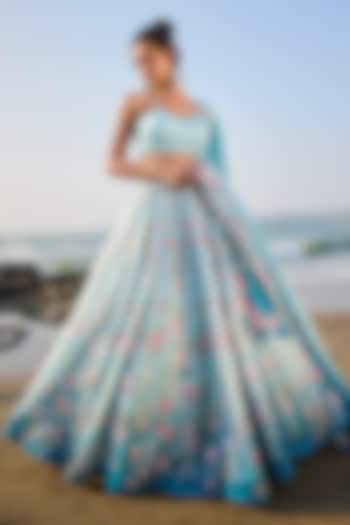 Light Blue Satin Georgette Floral Printed & Embroidered Lehenga Set by Lashkaraa at Pernia's Pop Up Shop