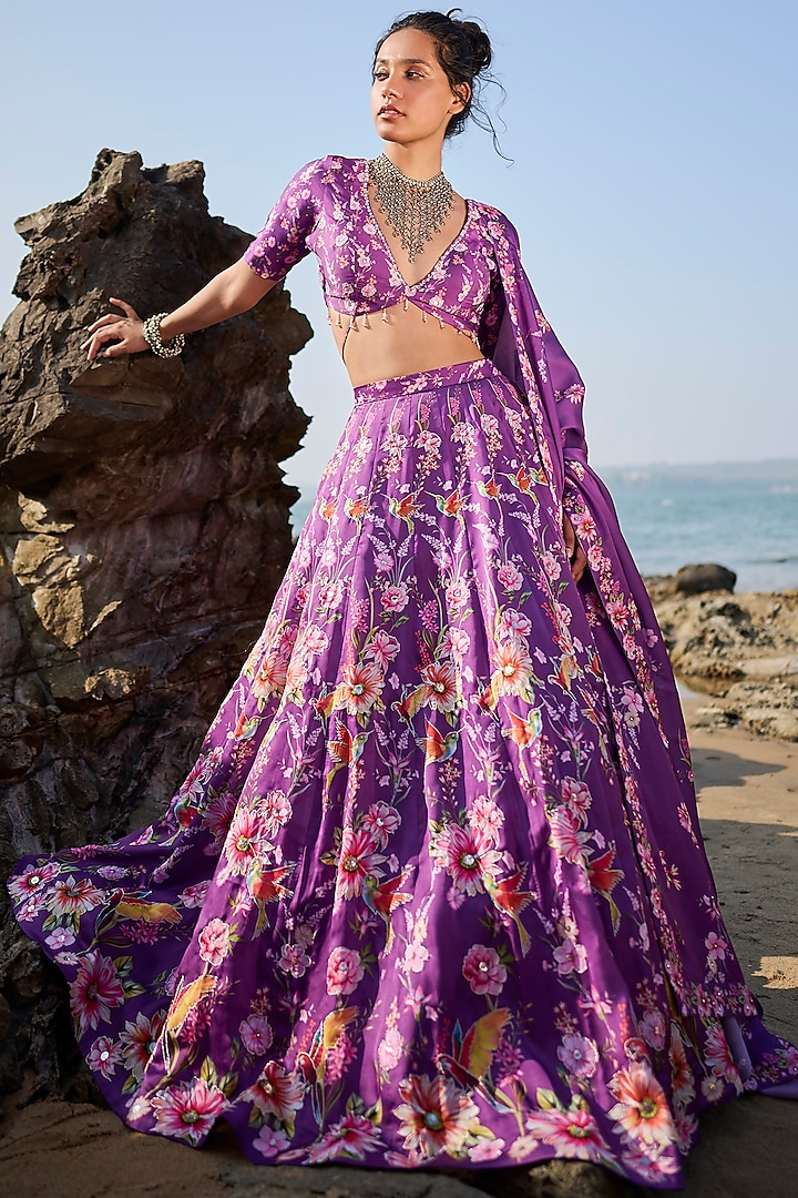 Purple Satin Georgette Floral Printed & Embroidered Lehenga Set by ...