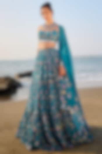 Teal Georgette Floral Printed & Embroidered Lehenga Set by Lashkaraa at Pernia's Pop Up Shop