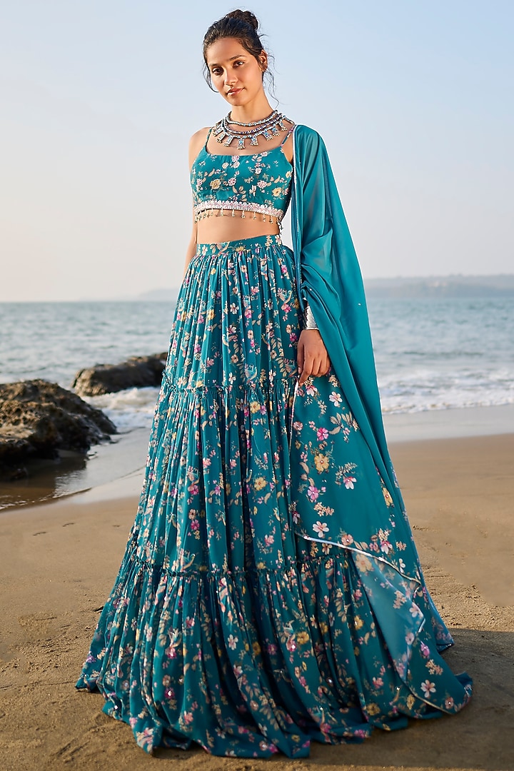Teal Georgette Floral Printed & Embroidered Lehenga Set by Lashkaraa at Pernia's Pop Up Shop