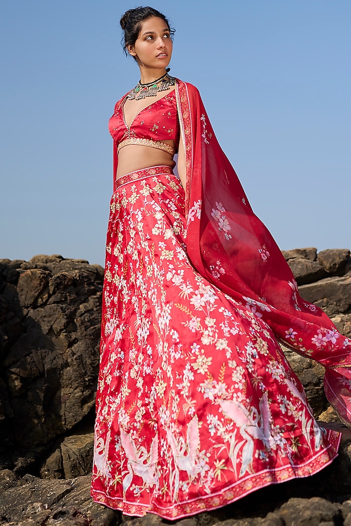 Red Satin Floral Printed & Embroidered Lehenga Set by Lashkaraa at Pernia's Pop Up Shop