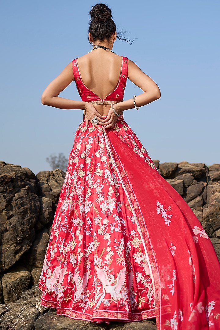 Red Satin Embellished Lehenga Set