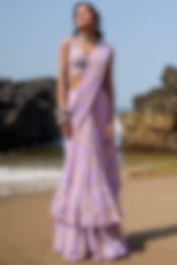 Lavender Georgette Floral Printed Saree Set by Lashkaraa
