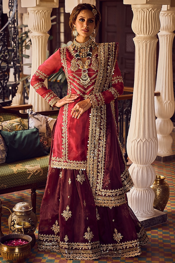 Red Satin Embroidered Sharara Set by Lashkaraa