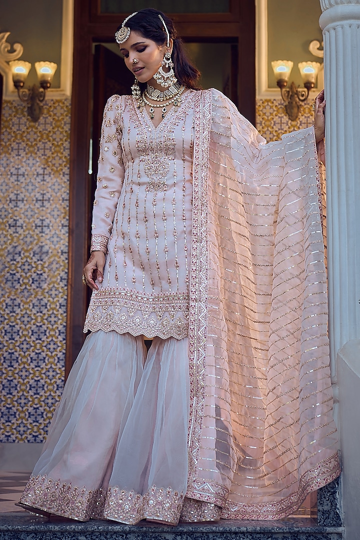 Off-White Net Embroidered Gharara Set by Lashkaraa