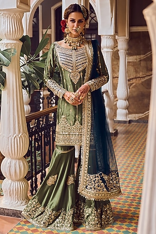 Green Satin Embroidered Gharara Set by Lashkaraa